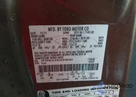 2012 Ford F-150 Xlt из США, поврежденный, VIN 1FTFW1CF6CKD18163